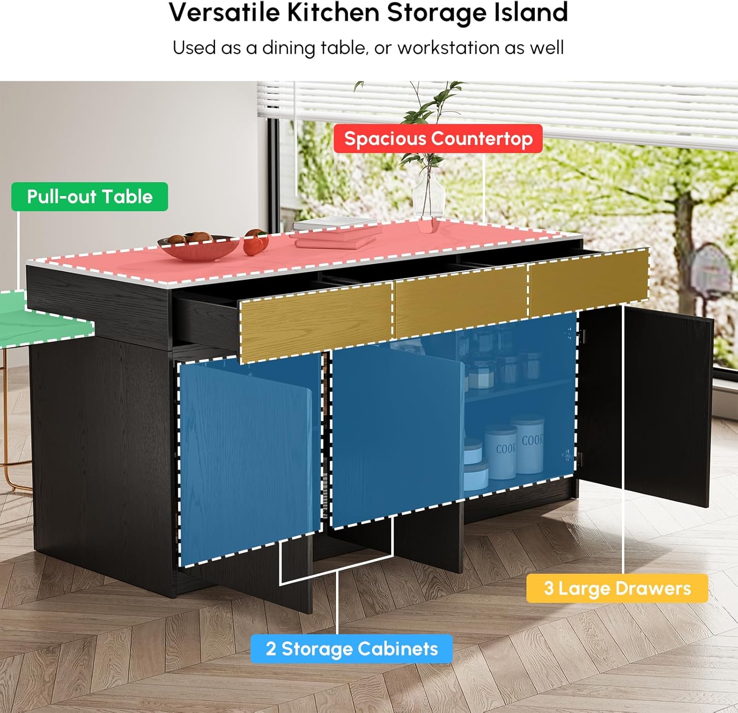 Homary Kitchen Island with a spacious countertop and labeled storage areas