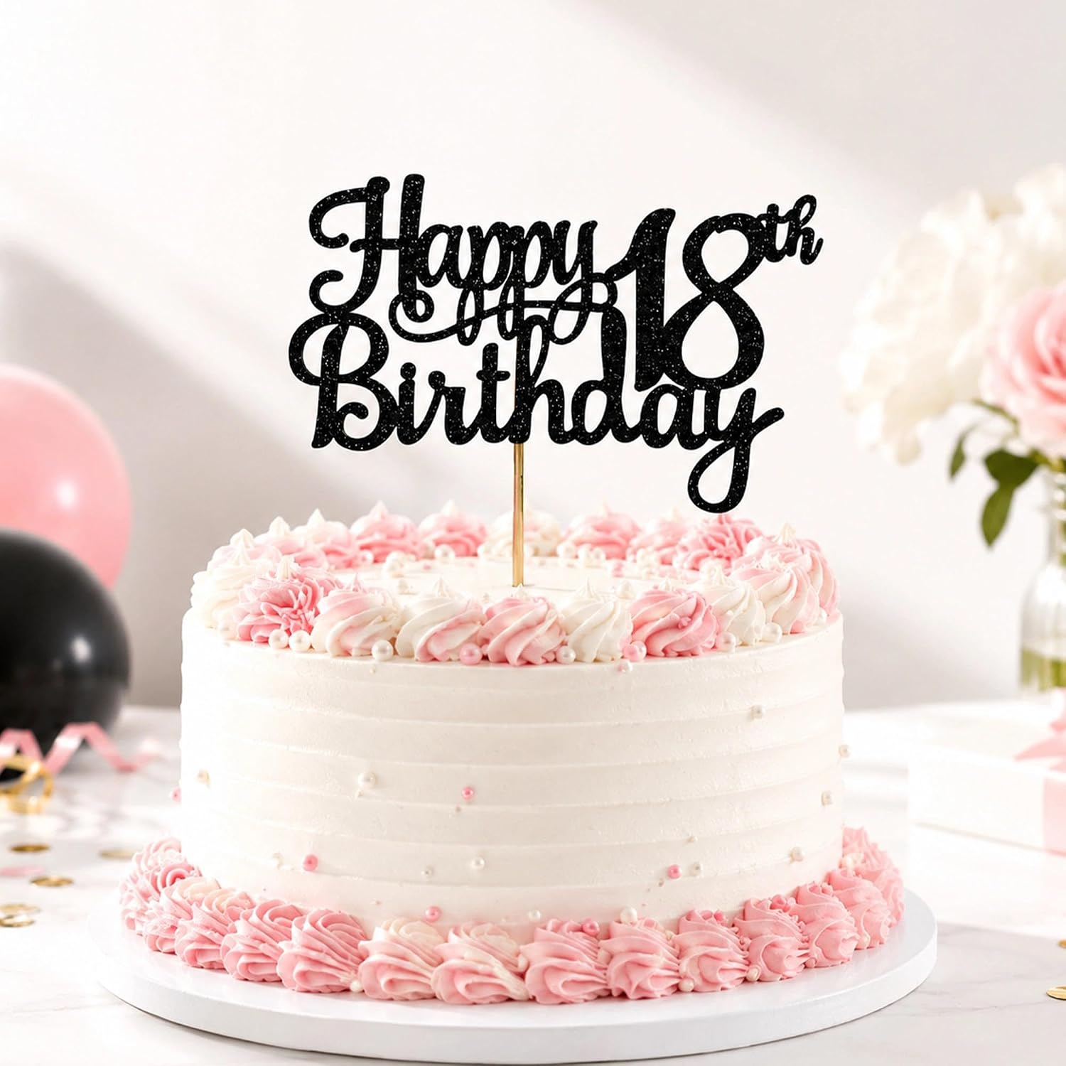 Black Glitter 18th Happy Birthday Cake Topper Elegant No-Shed 18th Birthday Cake Decorations for Boys Girls Premium Milestone Party Supplies