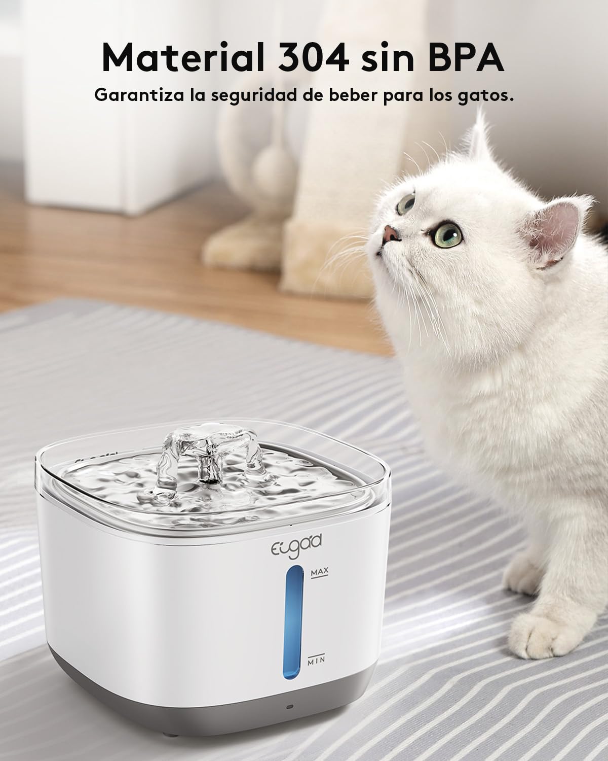 EUGAD Fuente para Gatos sin Cable con Sensor de Movimiento, 2.5L Fuente Agua Gatos, Ultrasilencioso Bebedero Gatos Automático Bateria 5000mAh Recargable, Dispensador de Agua Gatos 4 Filtración