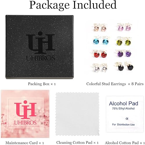 Miniatura 6 de UHIBROS 6 Pairs Stainless Steel Stud Earrings Set Hypoallergenic Cubic Zirconia 14K White Gold 316L CZ Earrings