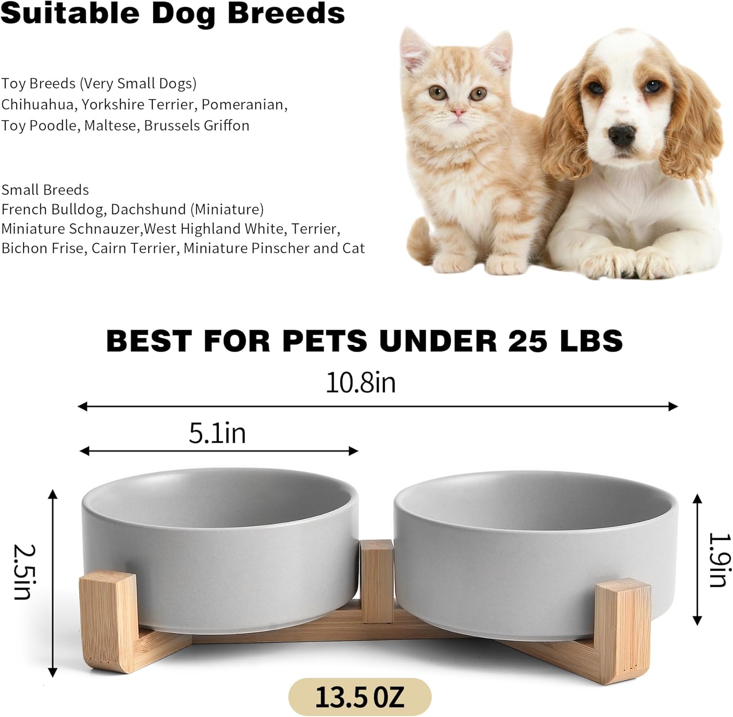 Mowtanco Grey Ceramic Dog & Cat Bowl Set – 13.5 OZ with Wooden Stand, Non-Slip, Elevated Design for Small Dogs & Cats – 2 Bowls (Food & Water, Ceramic Pet Bowls, Modern Dog Bowls)