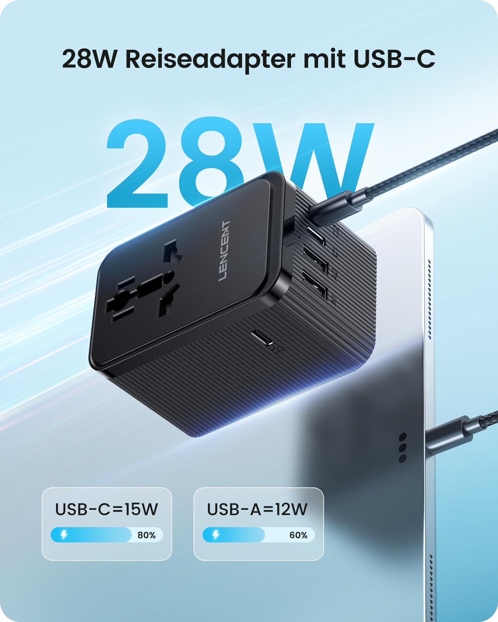 LENCENT Reiseadapter Weltweit, 28W Typ G, D, A, I, C, Universal Reisestecker Adapter mit 3 USB C und 2 USB A, Internationaler Steckdosenadapter für USA England Japan Malediven Sri Lanka Australien