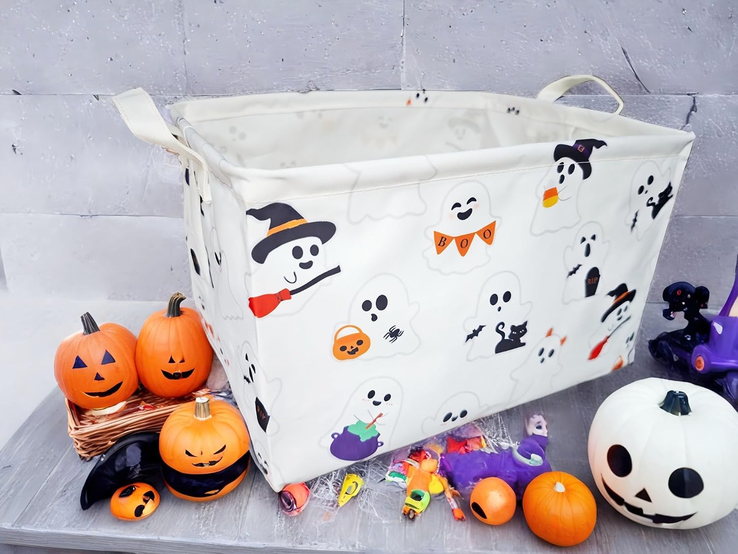 Halloween Ghost Basket, Cute Boo Basket for Gifts Foldable Storage Bin with Handles for Home Closets Shelf Offices,Bedrooms,Dorm Toy Storage (Halloween ghost basket)