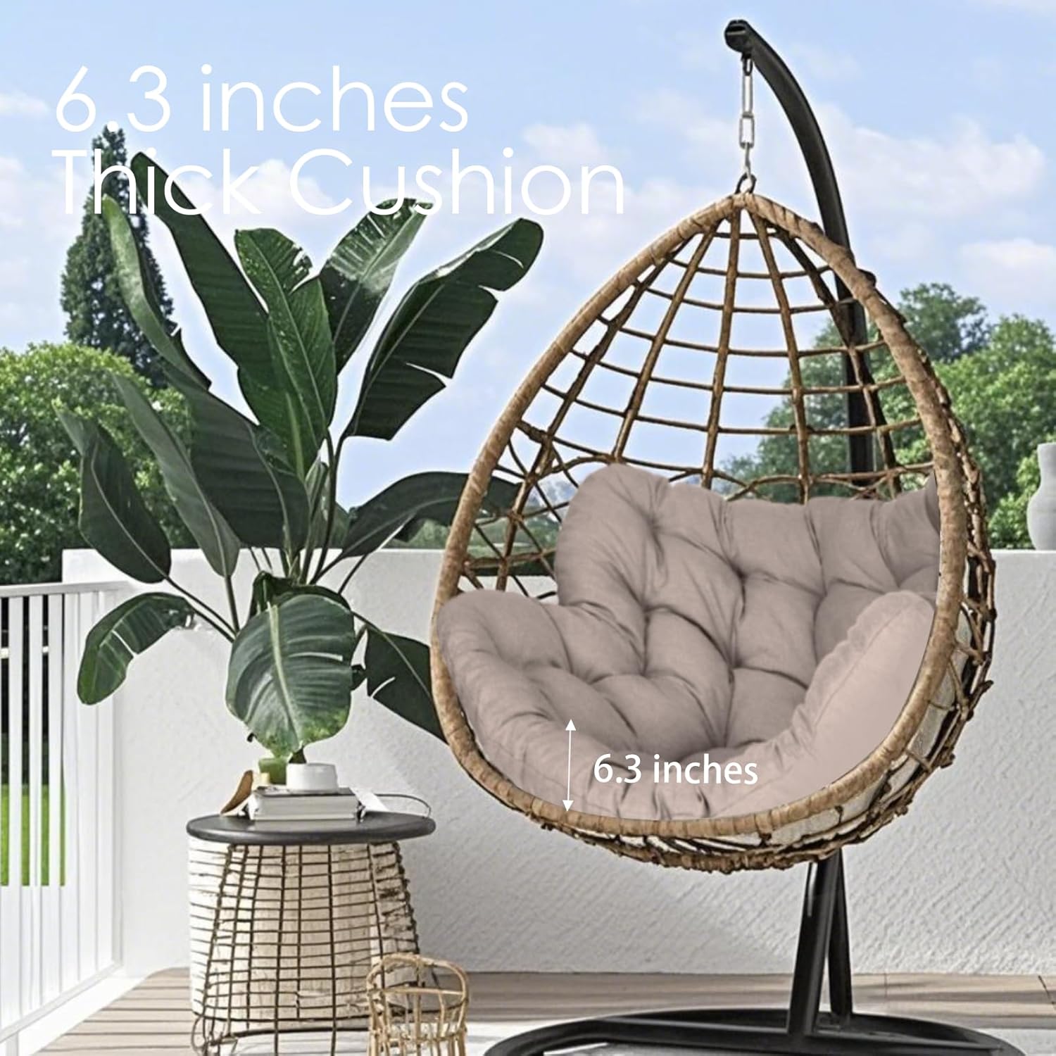 Outdoor Rocking Chair Cushions, 6.3" Thicken Colorfast Papasan Chair Cushion, Waterproof Egg Chair Cushion with Ties for Patio or Porch Royal Rocking Chair (Khaki, Only Cushions)