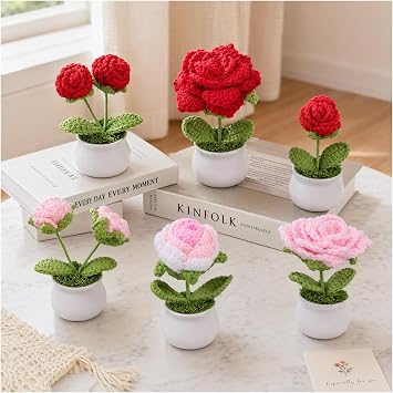 Zcargel 6pcs Handmade Crochet Flowers in Pot - Cute Faux Potted Plant Unique, Home & Office Desk Decor