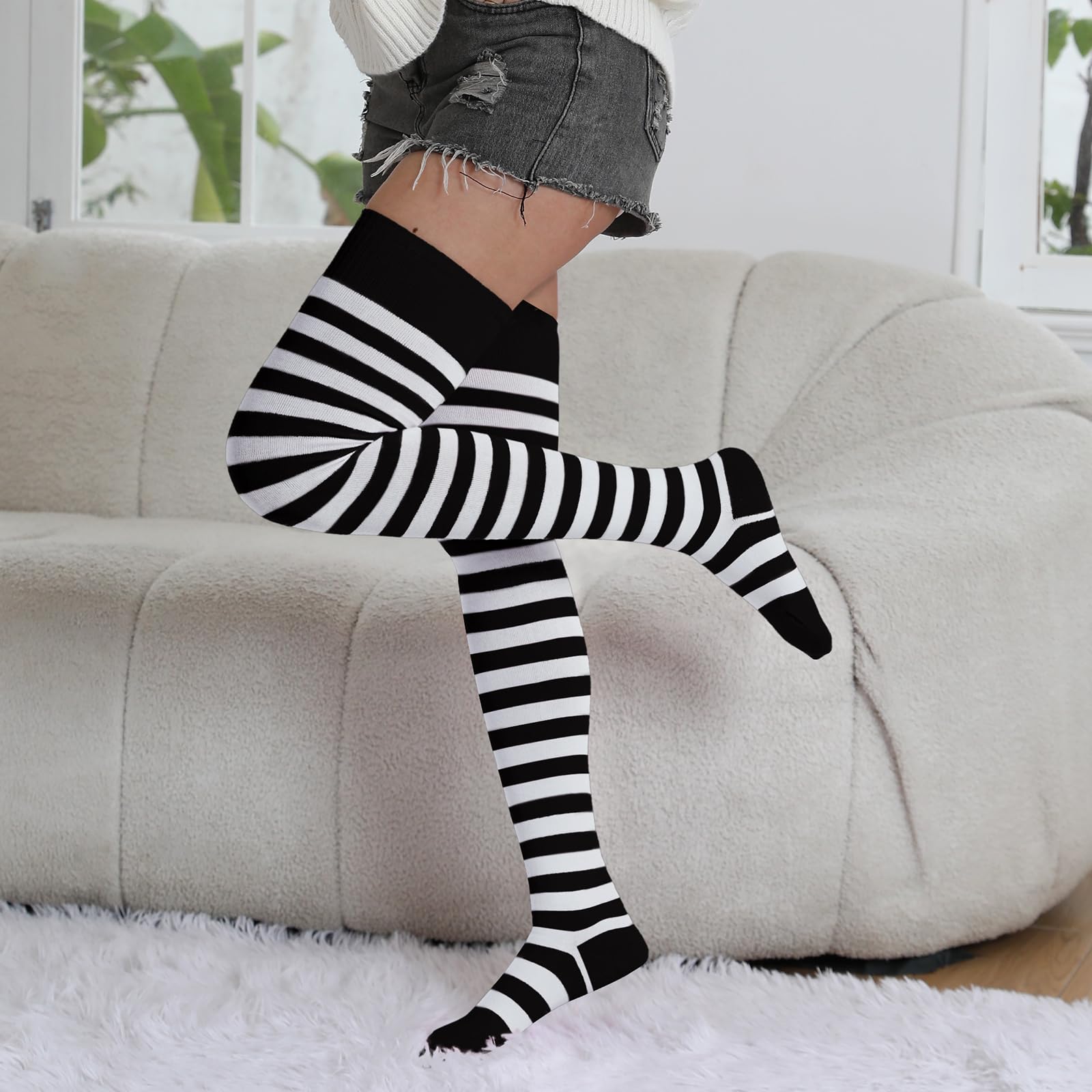 Moon Wood Womens Thigh High Socks Striped Knee High Socks Extra Long Cotton Knit Over the Knee Socks for Halloween: One Size Black & White