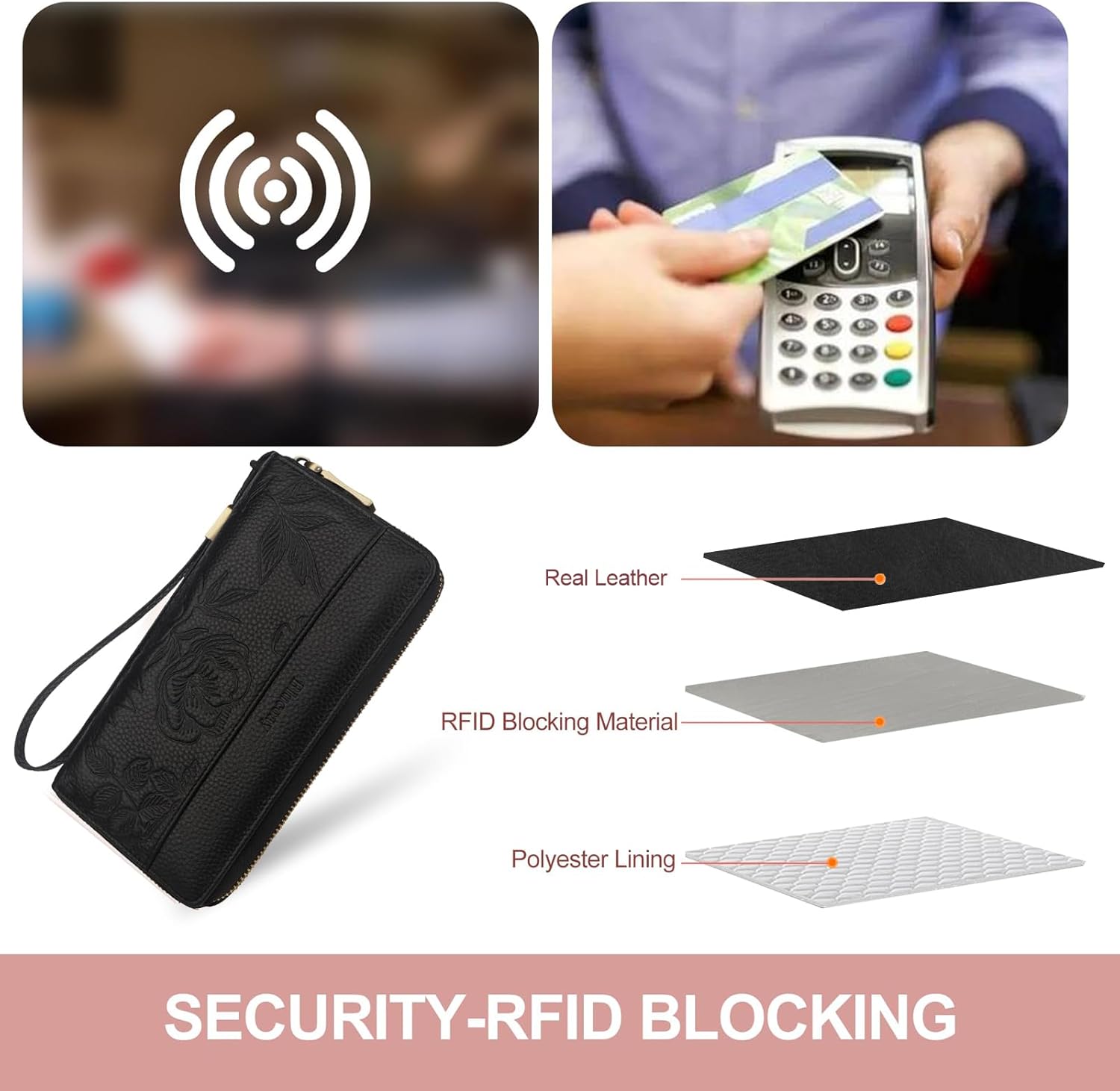 Leather Womens Wallet with Embossed Flowers,RFID Blocking Long Wallet For Women Large Capacity Wristlet With Card Holder Zip Coin Pocket(black) | Embossed Flowers, RFID Blocking, Large Capacity, Wristlet, Real Leather, Card Holder - Image 5