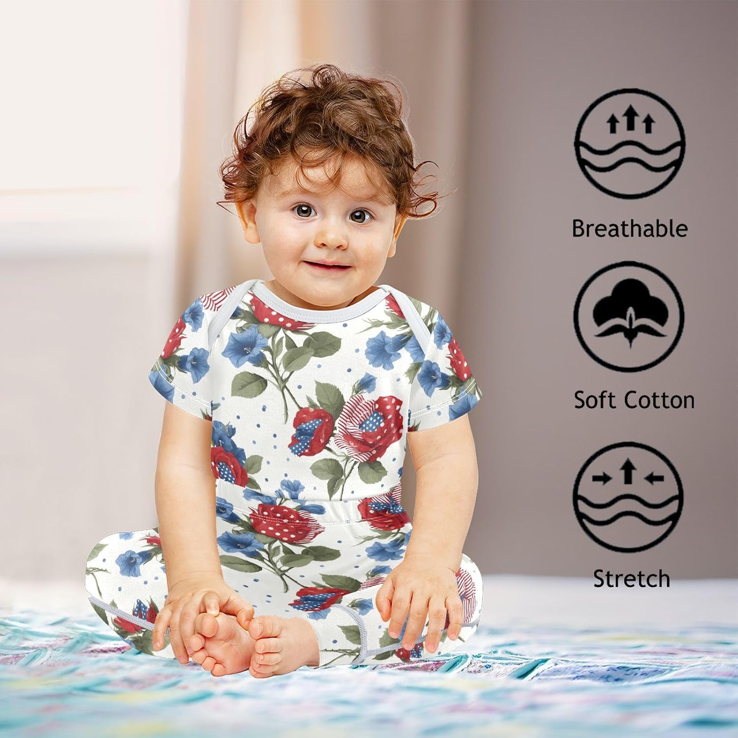 vvfelixl Baby Clothes Roses Flag Hearts Baby Bodysuits Set Unisex Short Sleeve Babys Pants Sets 0-3M