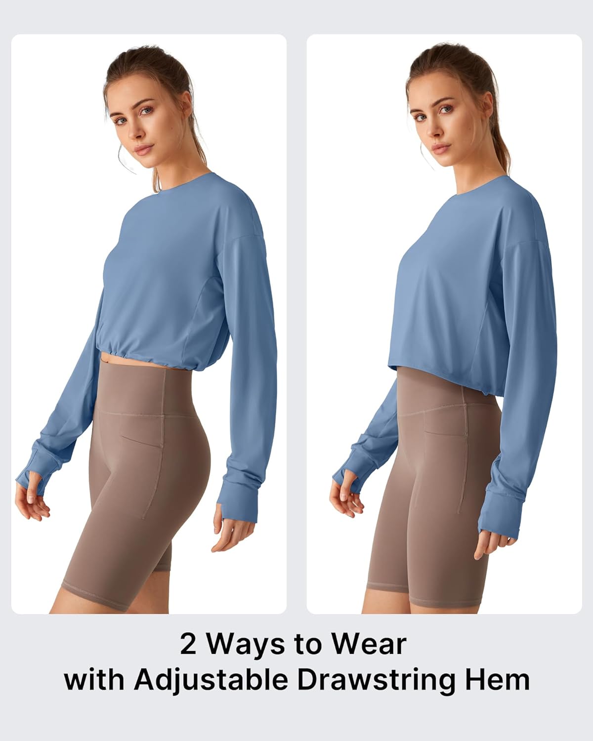 G4Free Lightbreeze Drawstring Hem Workout Tops Women - UPF 50+ UV Shirts Long Sleeve Crop with Thumbholes Loose Fit
