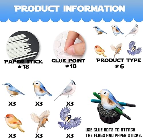 Miniatura 4 de Decoración para cupcakes de postre con purpurina, 18 piezas, pájaro volador, suministros de decoración de temática de naturaleza, suministros de