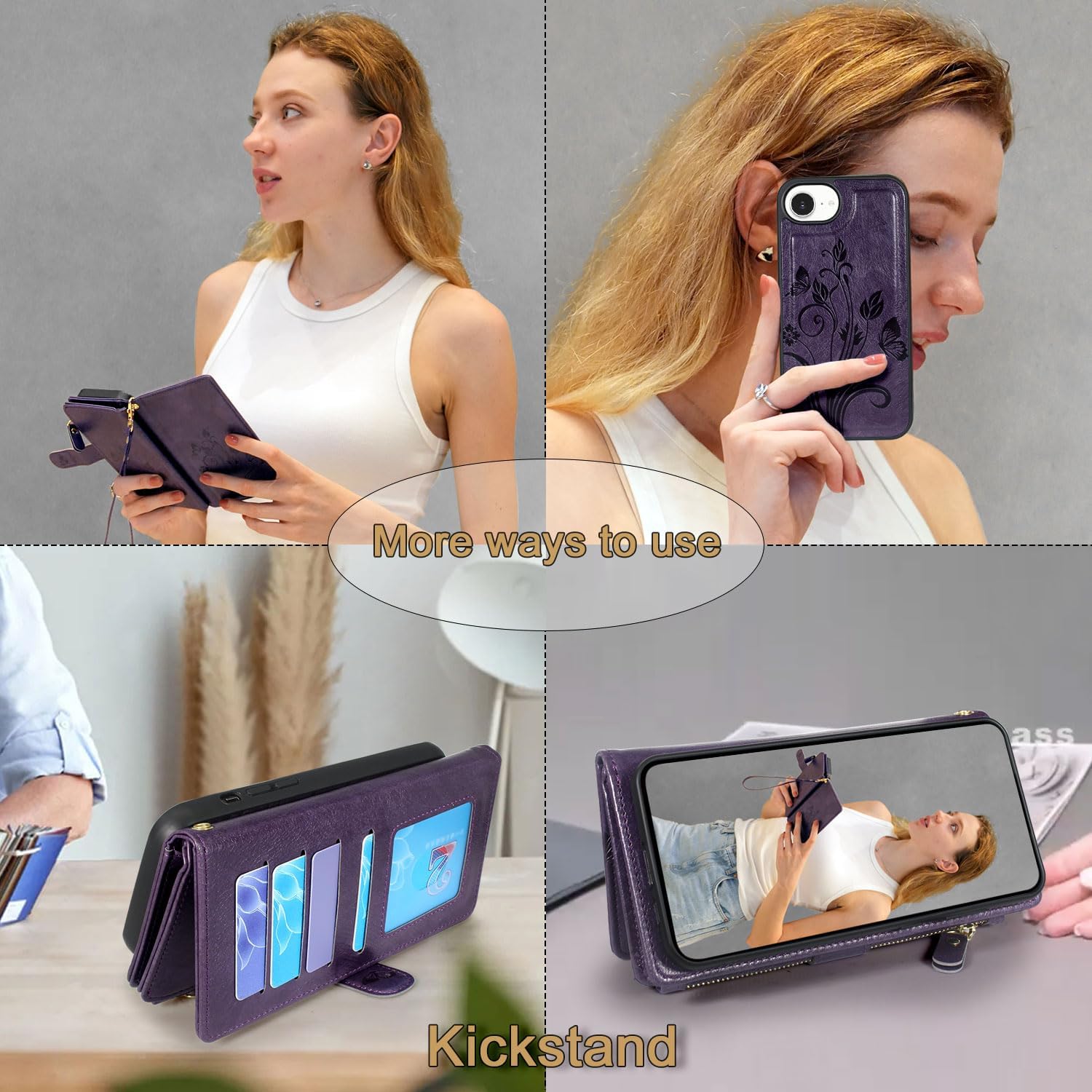 Lacass Case Wallet Compatible with iPhone 16e/17e, [12 Card Slots] ID Credit Cash Holder Zipper Pocket Detachable Leather Wallet Cover with Wrist Strap Lanyard（Floral Dark Purple）