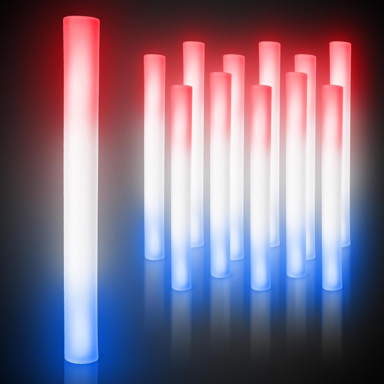 Fun Central 16” LED Foam Sticks – 12 Pack Red/White/Blue Light Up Cheer Batons with Flashing Modes for St. Patrick’s Day Parades & Mardi Gras Parties (Red/White/Blue)