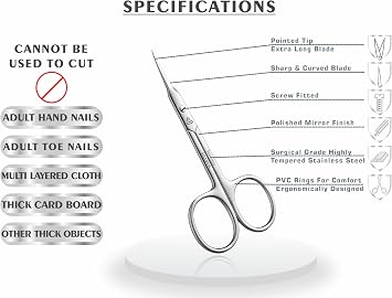 SILLVER Cuticle Scissors Extra Fine Curved, Super Slim Small Scissors with Precise Pointed Tip, Beard, Eyelash, Mustache, Dry Skin - Manicure Scissors
