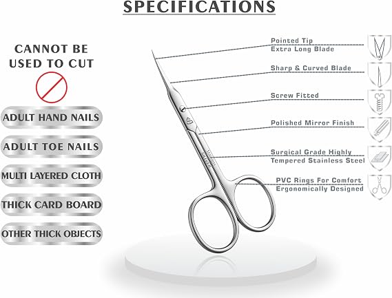 SILLVER Cuticle Scissors Extra Fine Curved, Super Slim Small Scissors with Precise Pointed Tip, Beard, Eyelash, Mustache, Dry Skin - Manicure Scissors