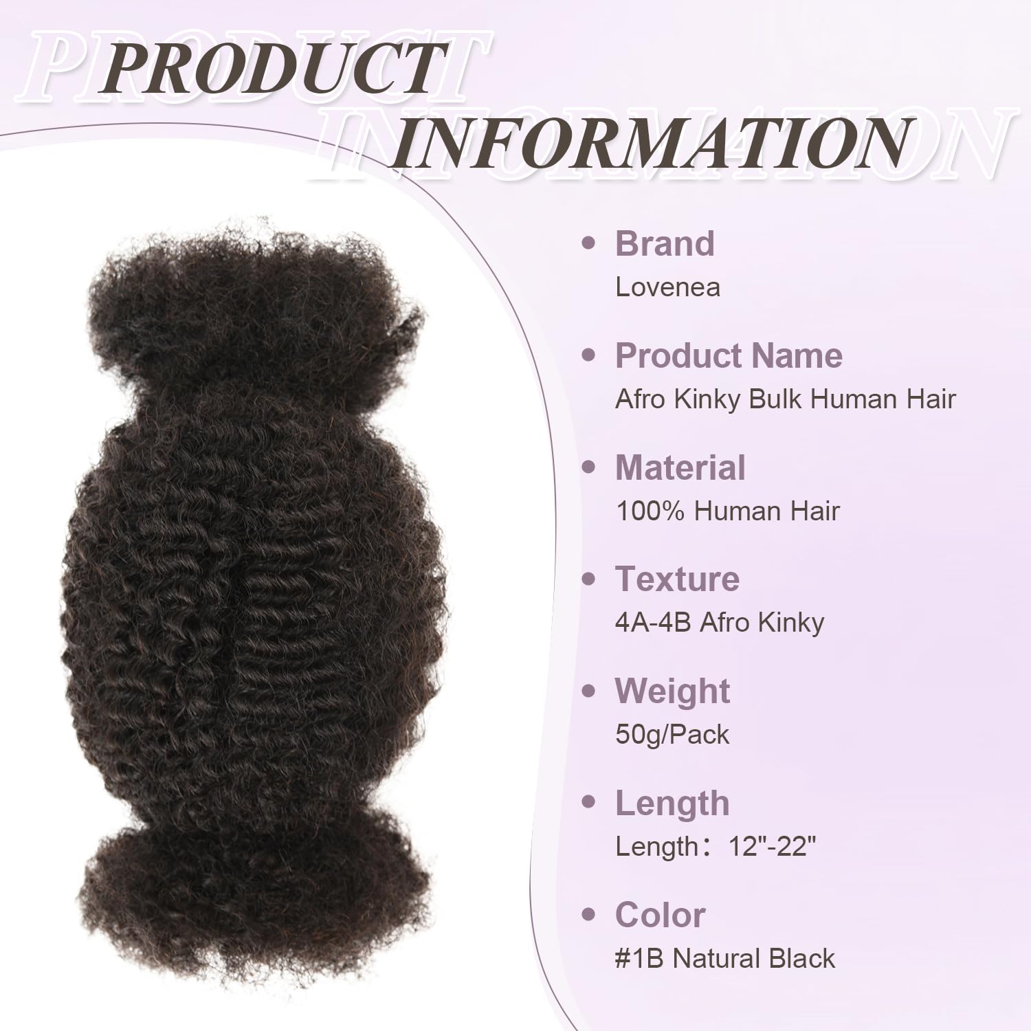 Afro Kinkys Bulk Human Hair Kinky-Curly 100% Real Human Hair for Twist, Braiding, Dreadlocks & Sister Locs, Natural Soft Pre Fluffed, Can Be Dyed Bleached (#1B Natural Black, 12 Inch)