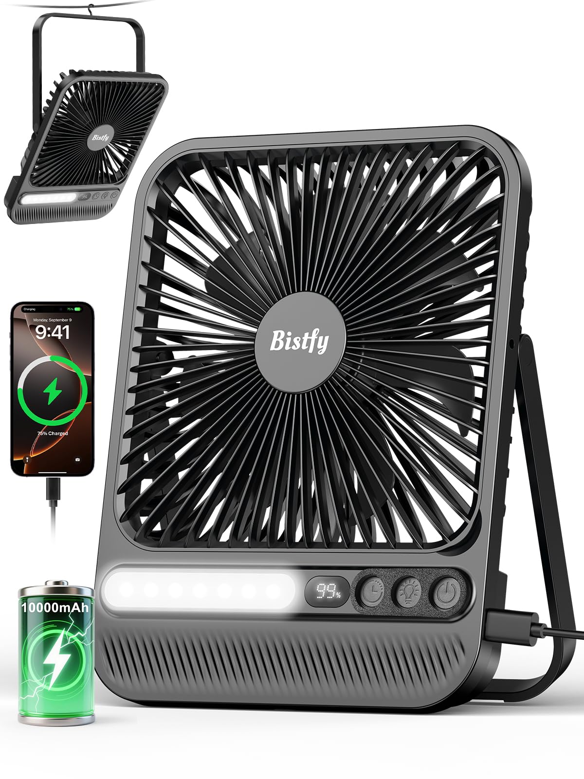 10000mAh Camping Ventilator Tragbarer Ultradünn Tischventilator mit Lampe, Max.28Std. Laufzeit, Leise, Timer, Display, Haken, Akku Ventilator für Camping Reisen Outdoor Büro Schlafzimmer