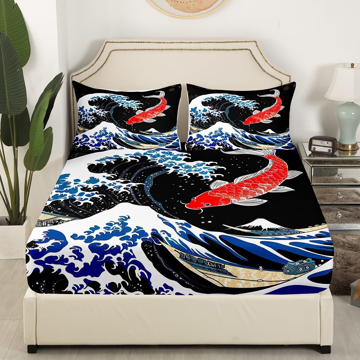 Feelyou Japanese Ukiyoe Fish Bed Sheets Ocean Surfing Koi Toddler Sheet Set Kids Boys Adult Japanese-Style Exotic Koi Animal Bed Set Exotic Style Sheets Bedroom Collection 4Pcs Queen Size