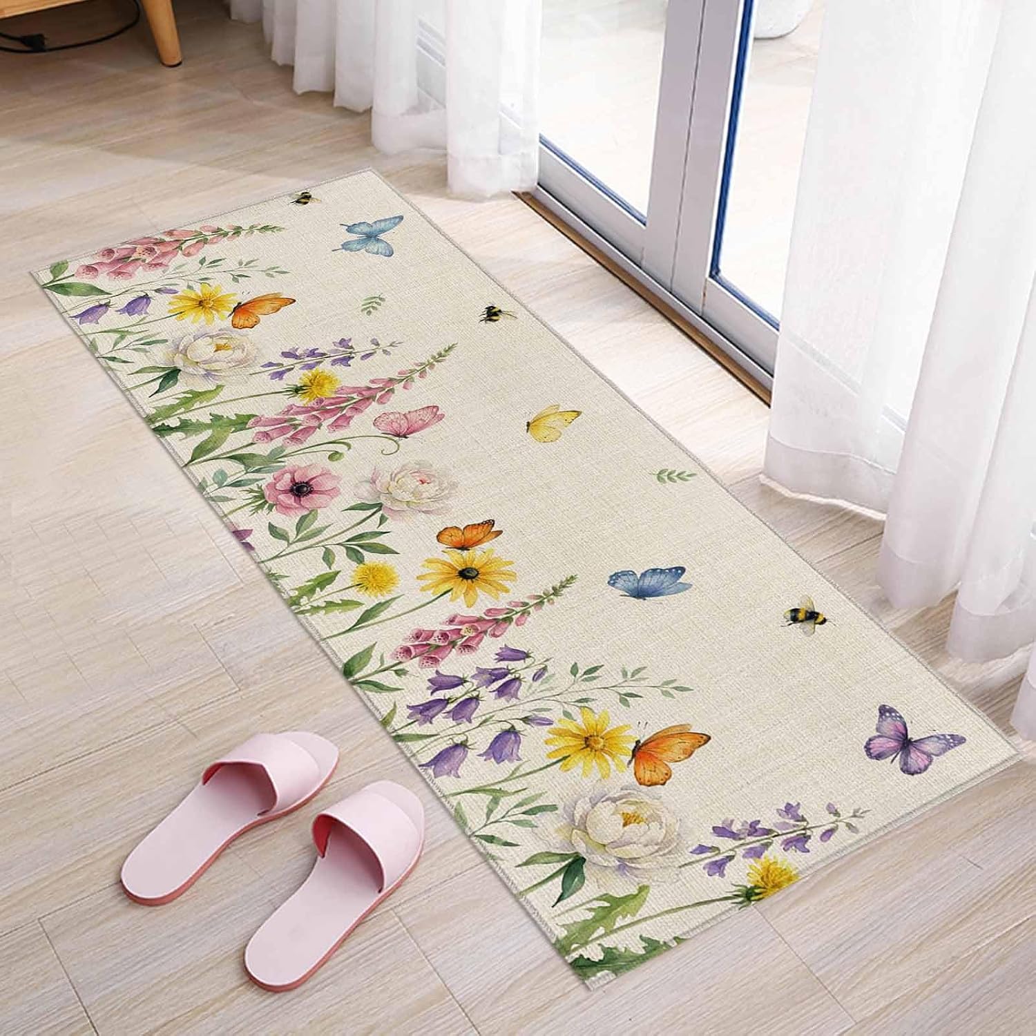 Kitchen Mats for Floor Blossom Flower Butterfly Bee Washable Non Slip Kitchen Rugs 1PCS, Rustic Pastoral Retro Linen Style Absorbent Standing Mats for Sink Bathroom Office Living Room 23.6x70.9in