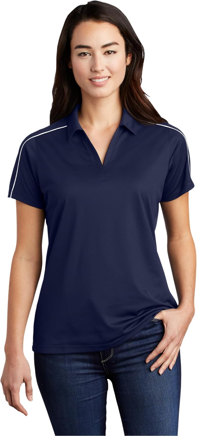 SPORT-TEK Women's Micropique Sport-Wick Piped Polo | Ladies Short Sleeve Collared Shirt, Athletic Fit Top for Work & Golf