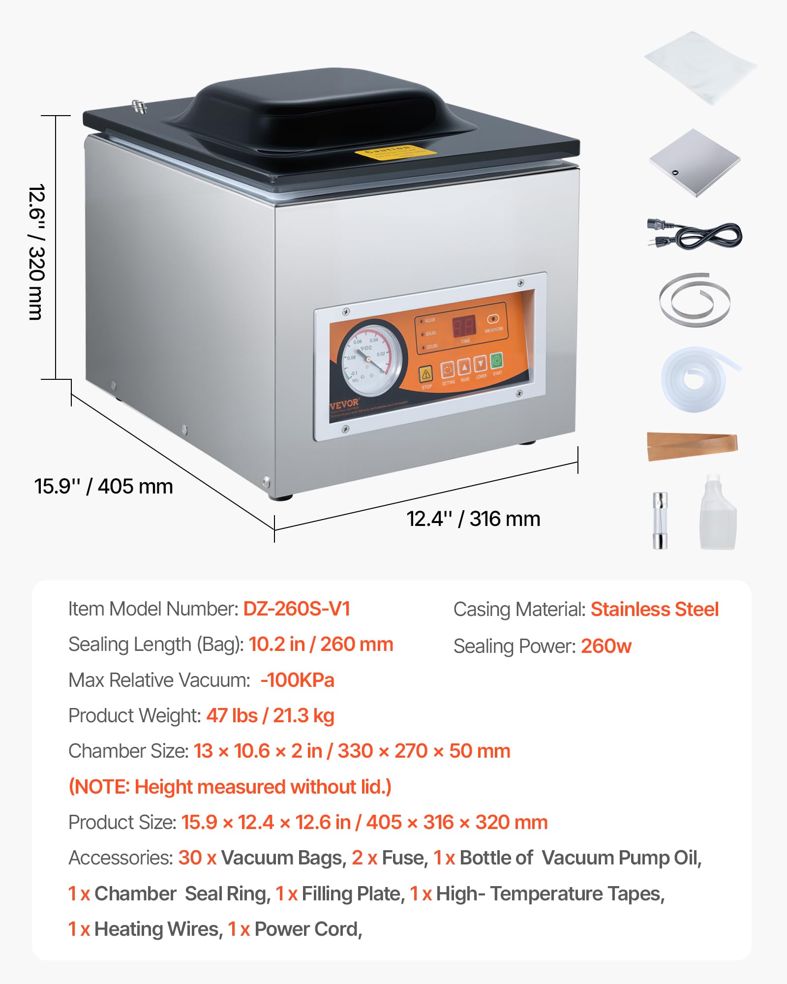 VEVOR Sellador al Vacío de Cámara 260 W Máquina de Envasado al Vacío de Acero inoxidable Tamaño Compacto de 260 mm para Cocina del Hogar Para Uso Comercial Para Alimentos Húmedos, Carnes y Adobos