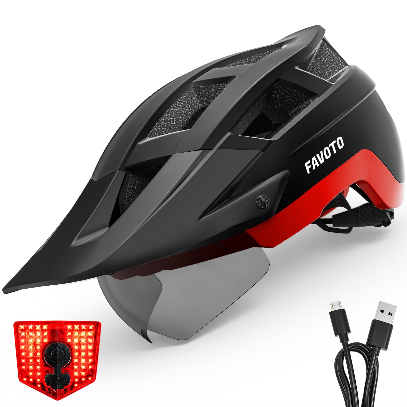 Favoto Fahrradhelm für Erwachsene für Rennrad und Mountainbike, mit USB wiederaufladbarem LED-Rücklicht, magnetischer Brille und Abnehmbarer Sonnenblende, Helm für Damen und Herren