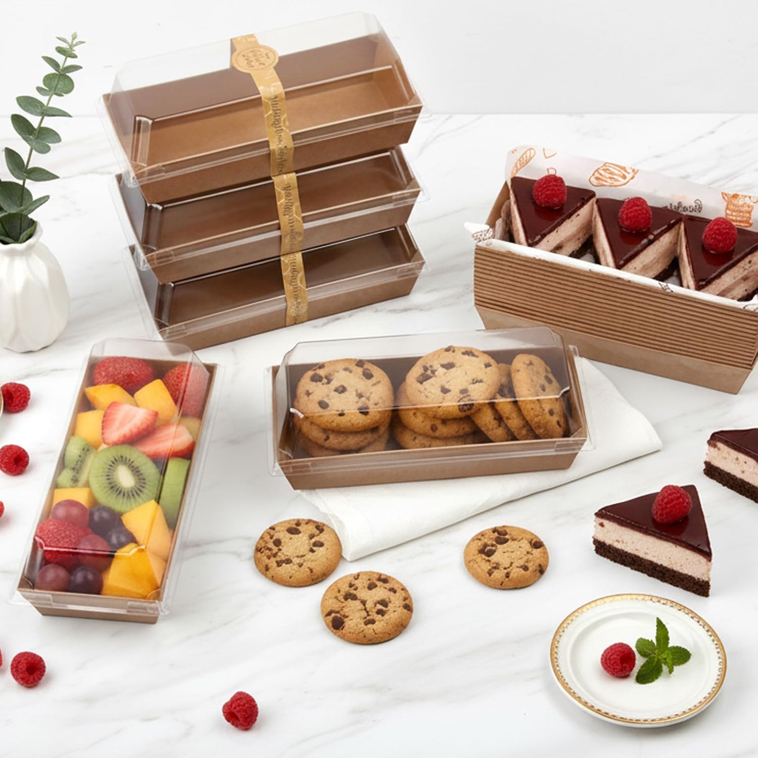 OAMCEG 7.5x3.3 Inch Small Charcuterie Boxes with Clear Lids,30Pcs Mini Bakery Containers,Disposable To Go Food Paper Boxes for Sandwich, Cookie, Pastry, Cake Slice (Brown)