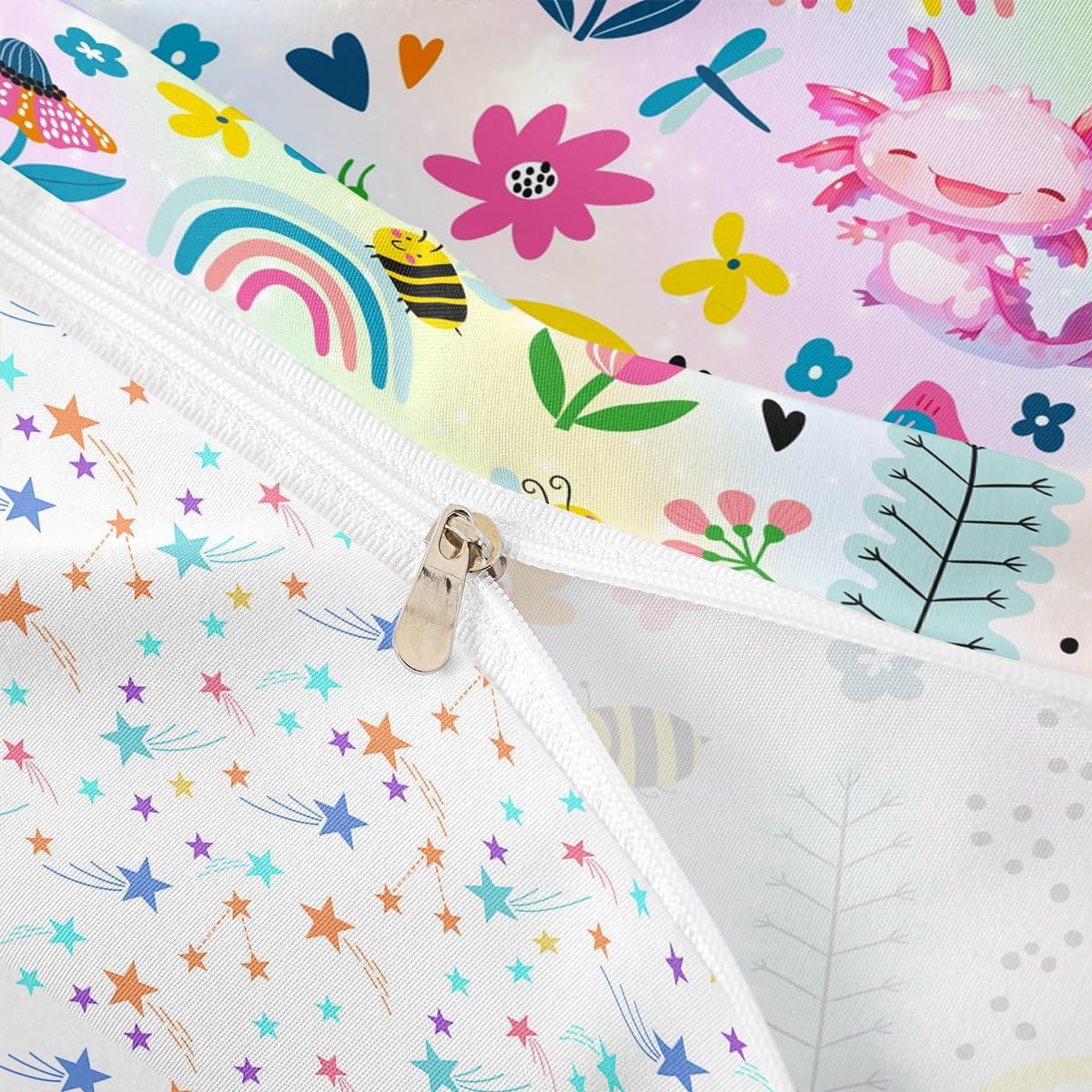 jejeloiu Rainbow Duvet Cover Toddler Size Kids Pink Axolotl Comforter Cover for Boys Girls Teens Floral Bee Butterfly Bedding Set Breathable Cute Animal Bedroom Decor Bedclothes