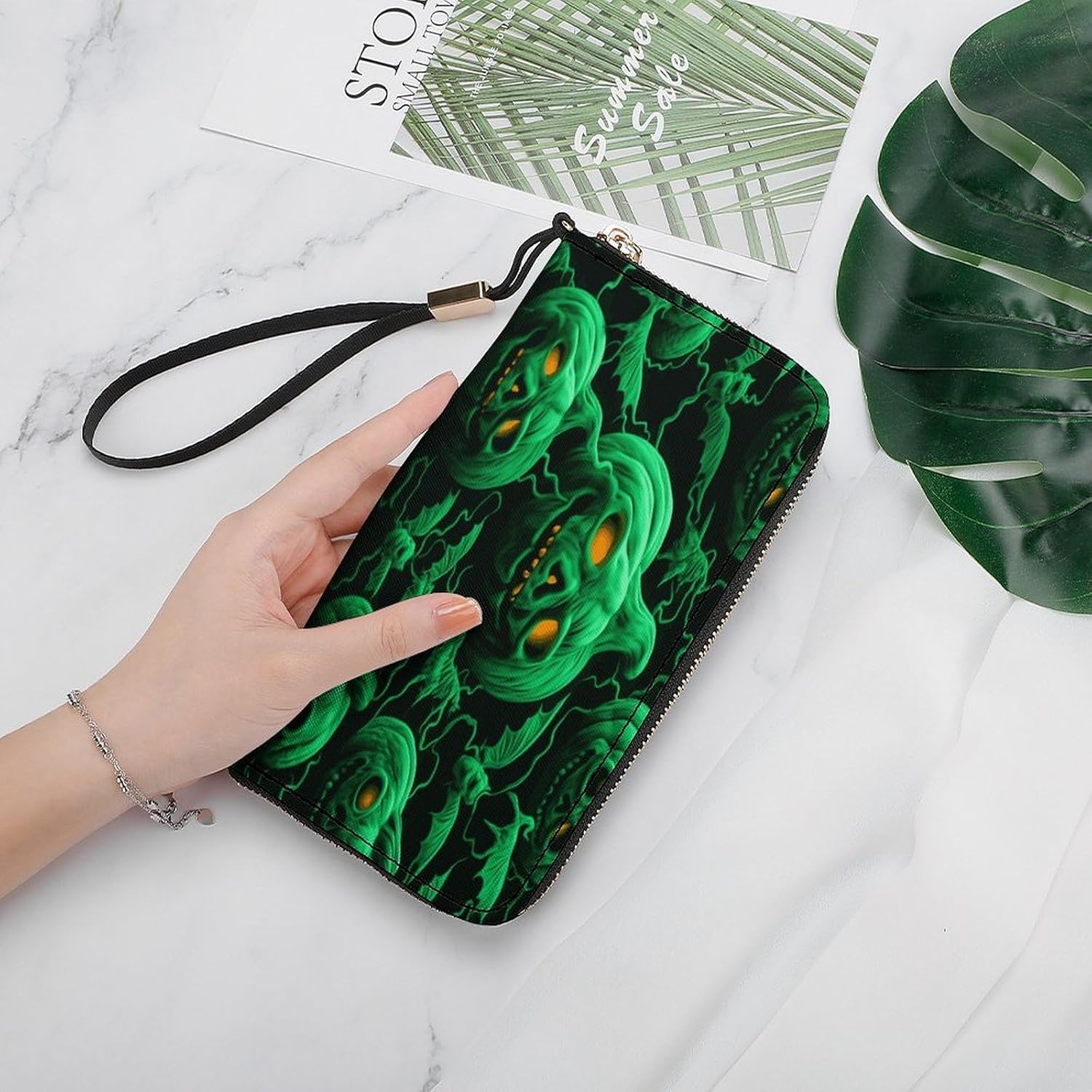 Green Ghost Horror Halloween Pumpkin Long Ladies Wallet for Men And Women,Slim Wallet with Zipper Pocket,Travel Wallets in Gift Box