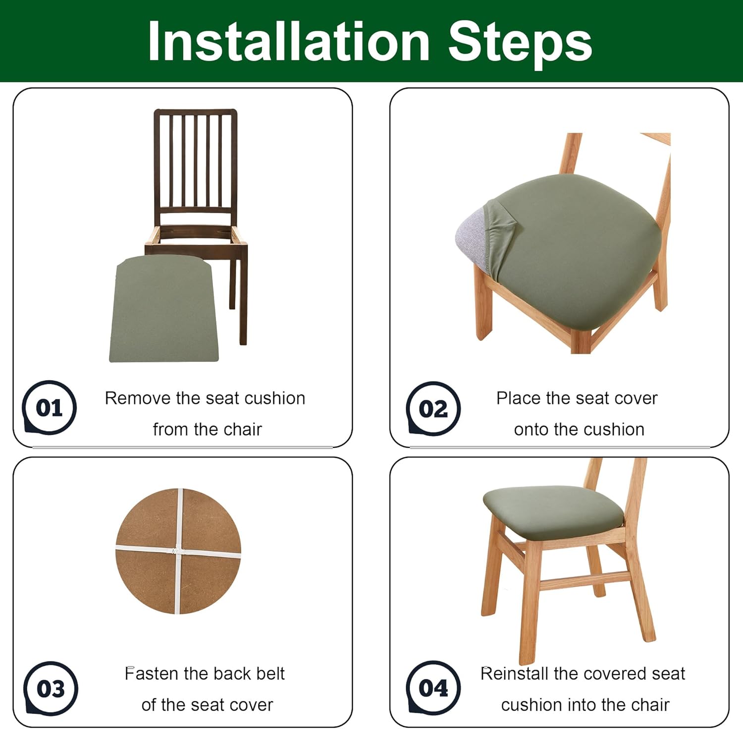CRFATOP Waterproof Dining Chair Seat Covers Set of 4, Stretch Dining Room Cushion Covers Non-Slip Elastic Seat Cover for Dining Chairs Washable Parson Kitchen Chair Protectors,L,Green