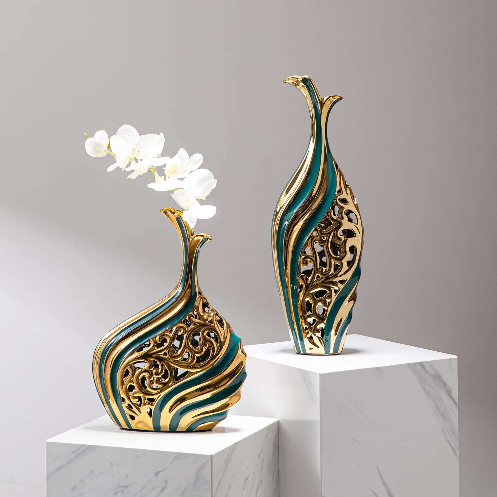LCCCK Jarrón Alto Decorativo de Piso de 50 cm de Altura, Moderno Jarrón Grande de Piso Verde y Dorado, Decoración Premium para Bodas, Jarrón de Flores Individuales para Hierba de Las Pampas