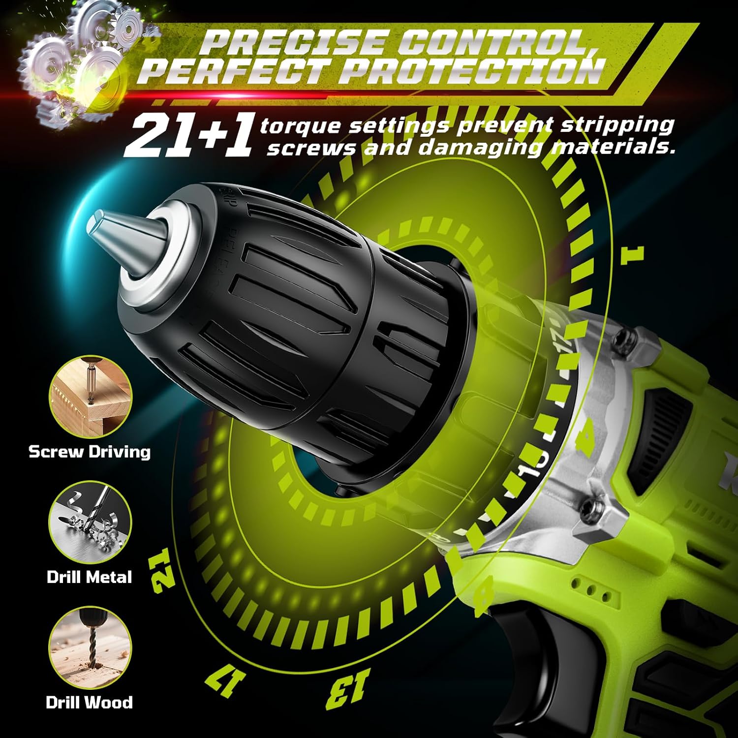 20V Cordless Drill Set,Electric Power Drill Cordless,Power Drill Drivers,Electric Screwdriver - 2.0Ah Batteries, 30Nm，21+1 Torque,2 Speed,34pcs Acessories,Built-in LED,Kit for Home,Green