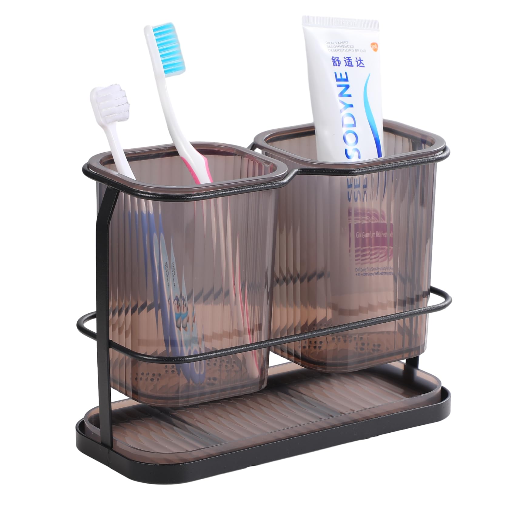 IKWZ Toothbrush Holders Metal Toothbrush Holder Electric Tooth Toothpaste Brushing Holder Stand 2 Cups for Bathroom Family Kids (Black)