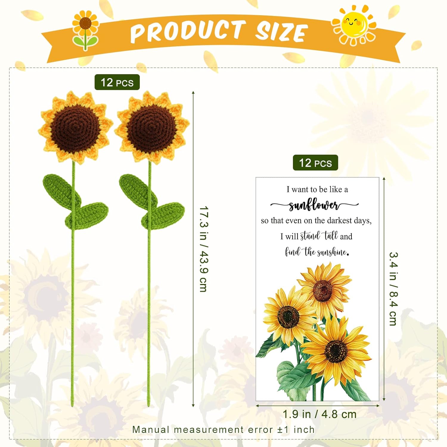 Tatuo 12 Set Crochet Sunflower Teacher Appreciation Gifts 17.3" Handmade Crochet Sunflower Bouquet Knitted Flower Bulk with Inspirational Card Package Bag for Women OT Month Home Office Decor