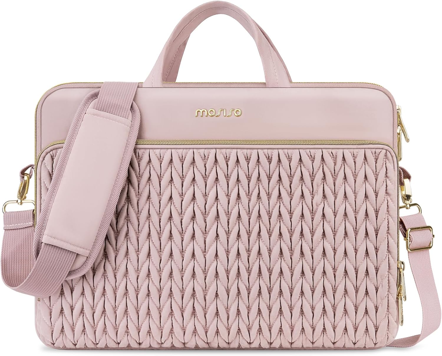 MOSISO 15.6 inch Laptop Shoulder Bag, 15-16 inch Computer Bags Compatible with MacBook Pro 16 M4 M3 M2 M1, HP Dell Acer Lenovo ASUS Notebook, Wheat Ear Quilted Messenger Bag with Handle&Pocket, Pink