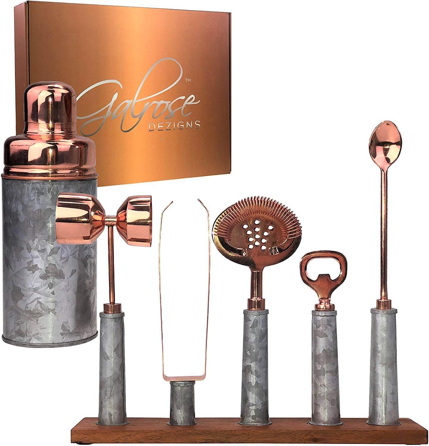 Get Special Price Galrose Dezigns Cocktail Shaker Set - 6 Bar Tools Bar Accessories Rustic Galvanized Iron Bar Set Rose Gold Trim - Stylish Mixology Bartender Kit with Stand. Unique 6th Iron Anniversary Gift for Couple Best Deal Cheap 🛒 Galrose Dezigns Cocktail Shaker Set - 6 Bar Tools Bar Accessories Rustic Galvanized Iron Bar Set Rose Gold Trim - Stylish Mixology Bartender Kit with Stand. Unique 6th Iron Anniversary Gift for Couple