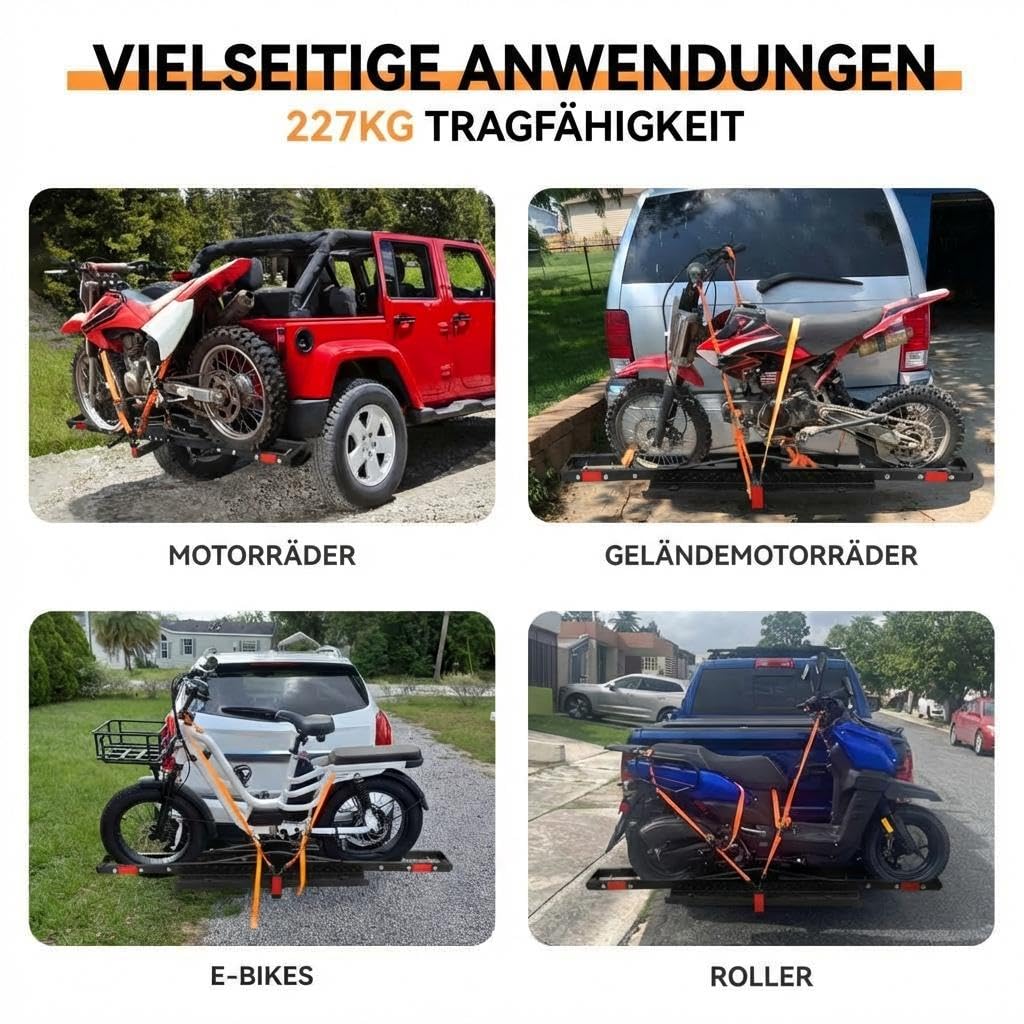 Garvee Schwerlast Motorradträger für Anhängerkupplung – 500 lbs Tragkraft, abnehmbare Stahlrampe, Anti-Wackel-Stabilisator, Spanngurte – Geeignet für Motorräder, Dirt Bikes, E-Bikes, Pkw, SUV,