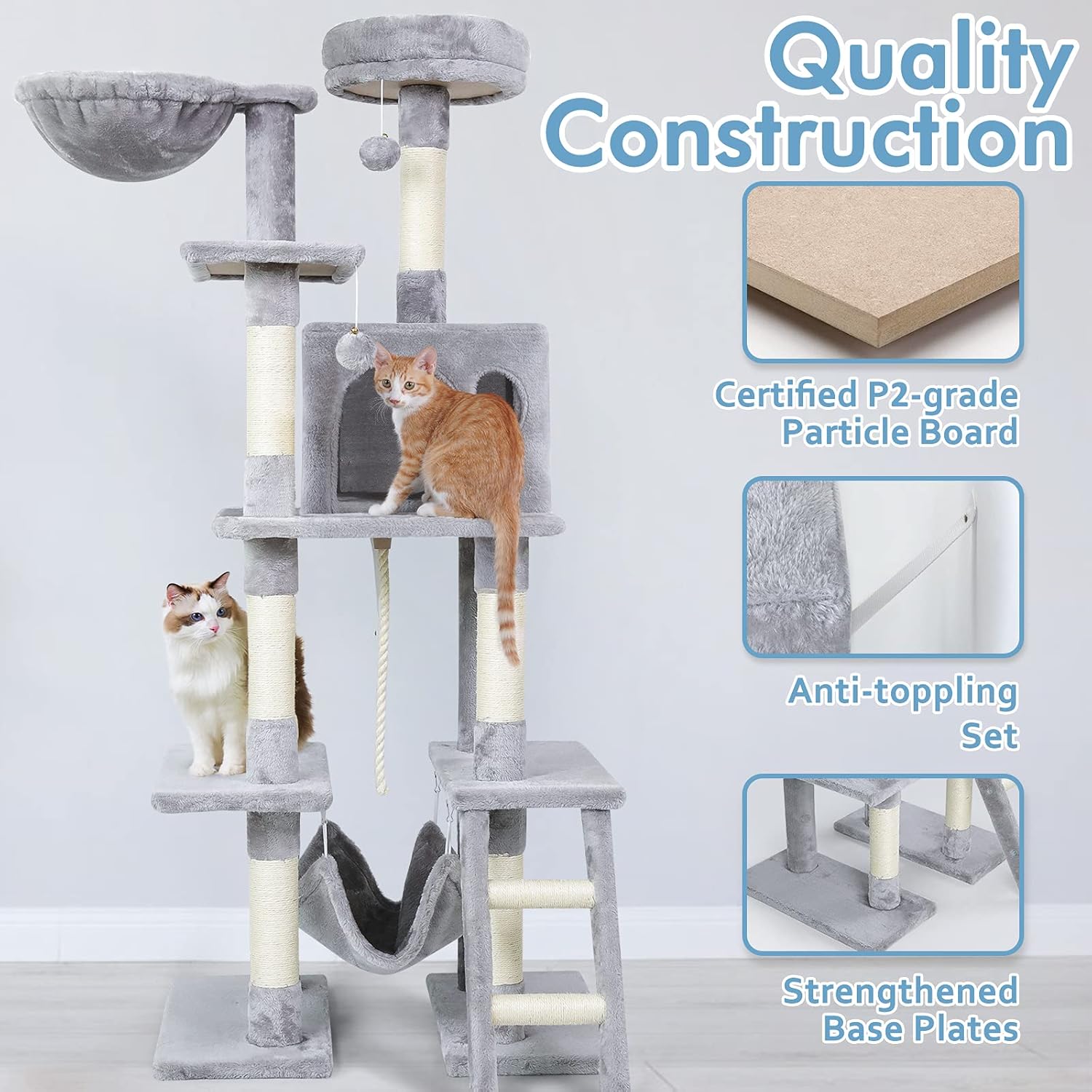 rabbitgoo Cat Tree Cat Tower 61" for Indoor Cats, Multi-Level Cat Condo with Hammock & Scratching Posts for Kittens, Tall Cat Climbing Stand with Plush Perch & Toys for Play Rest, Light Grey : Pet Supplies