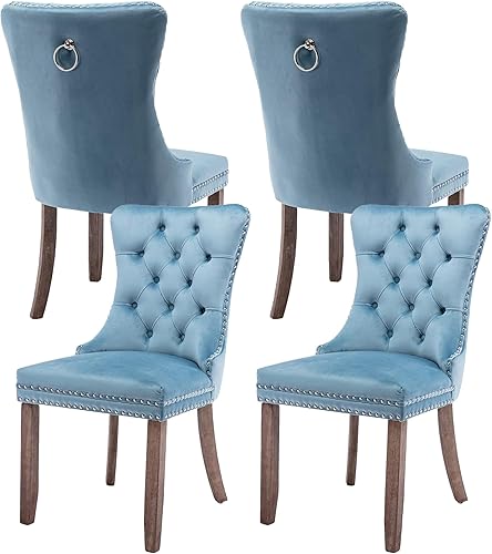 Miniatura 19 de Juego de 4 sillas de comedor de terciopelo, sillas de comedor tapizadas con ribete de cabeza de clavo, patas de madera, anillo de tracción, sillas
