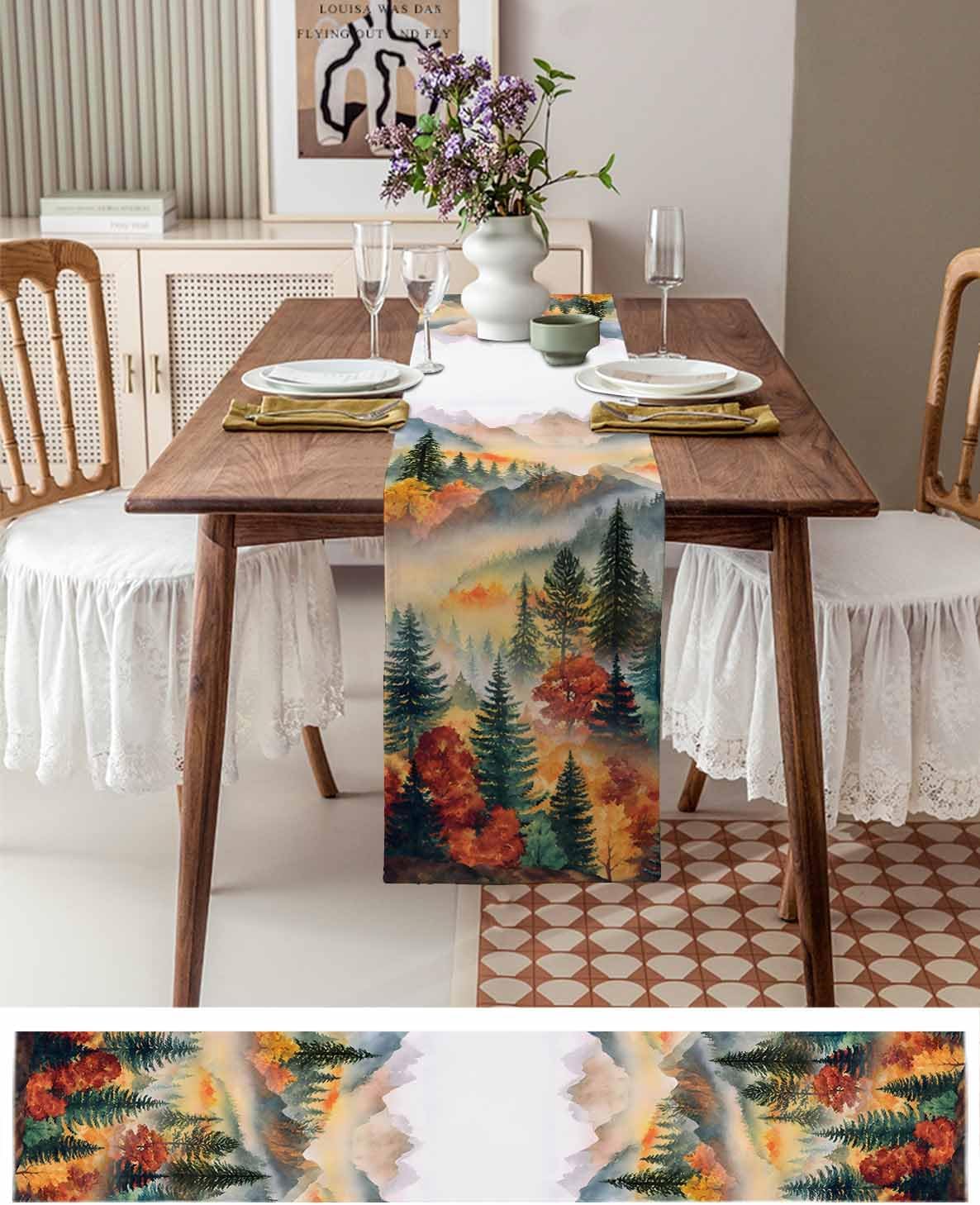 Fall Forest Table Runner 120 Inches Long for Dresser Dining Room Watercolor Mountains Woods Scenery Kitchen Dining Table Runners Table Decorations for Home Party Indoor Outdoor 13 x 120 Inch
