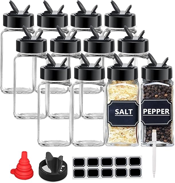 YBCPACK 12 Pack 4 oz Glass Spice Jars/BottlesGlass Spice Shakers with Lids, Waterproof Reusable Chalk Labels, Pen, Silicone Collapsible Funnel, Spice Bottles, Spice Containers For Kitchen Cabinet