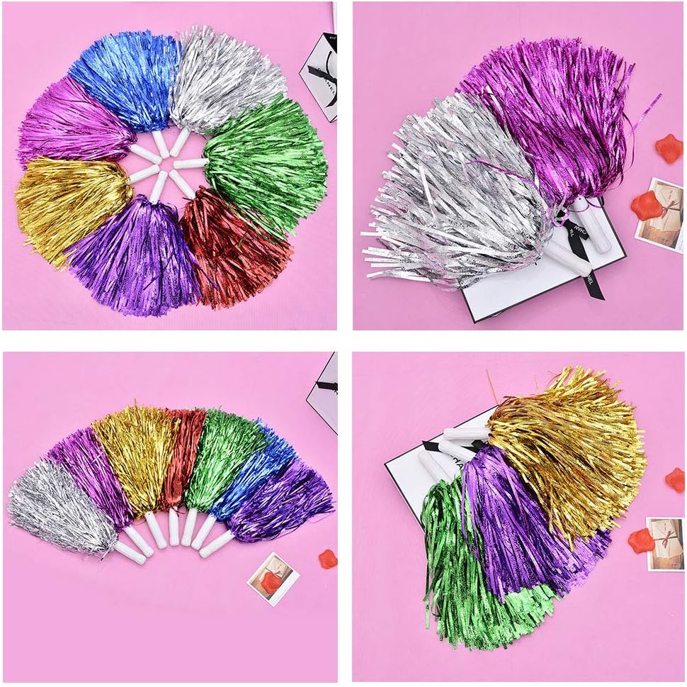 Qpower 24PCS Cheerleading Poms Squad Spirited Fun Cheering Metallic Foil Plastic Pom with Baton Handle for Dance Party Football Club Decoration Silver : Sports & Outdoors