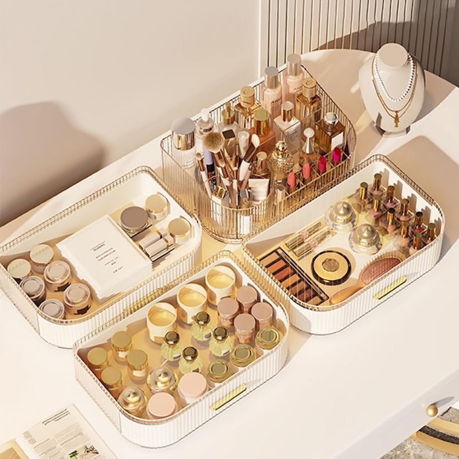 Make up Organizer aus Kunststoff mit um 360 Grad drehbarer Schubladenaufbewahrung, wasserdichtes Design für die Verwendung Badezimmer, ohne Bohren, benötigte Kosmetikbox