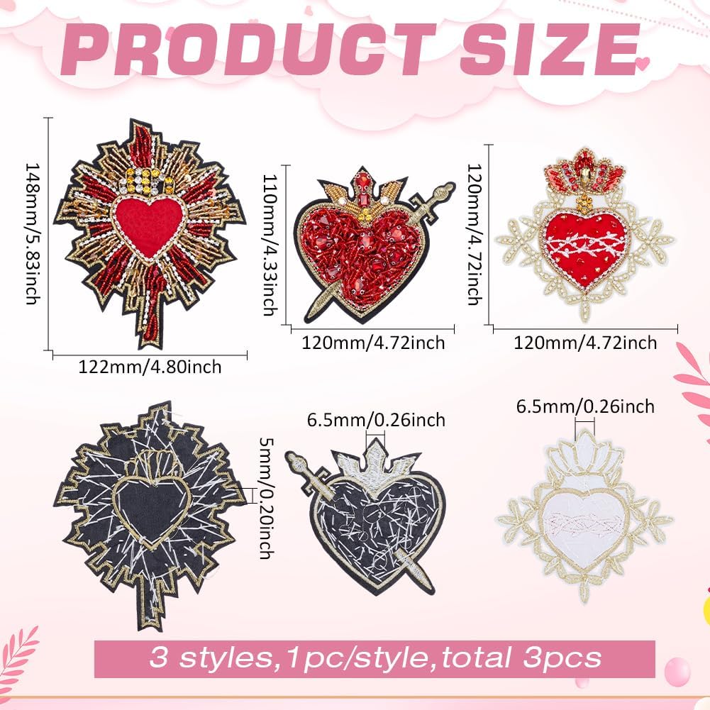 FINGERINSPIRE 3 Pcs 3 Styles Red Heart Beaded Patch 5.8x4.8inch Crown Heart Rhinestone Beaded Patches Heart Beaded Applique Beaded Embroidery Patches Applique for Coat Clothing Decoration
