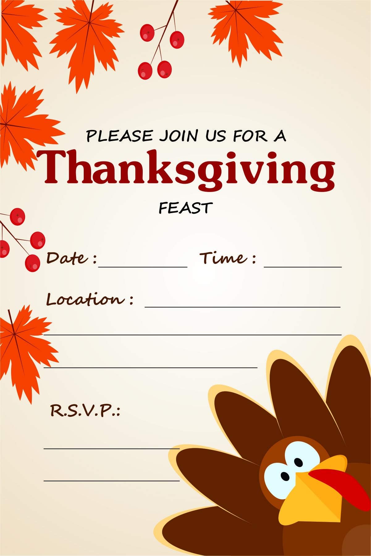 Dinner Invitations & Brown Envelopes (Pack of 25 with 25 Envelopes) Welcome Family & Friends Share The Harvest Feast Large 6 x 4 inches Fill in Style Country Theme Turkey Day Meal Invites