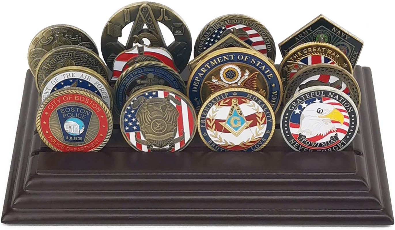 4 Rows Coin Holder, US Army Military Collectible Challenge Coin Display Case Wood Stand, Holds 16-20 Coins