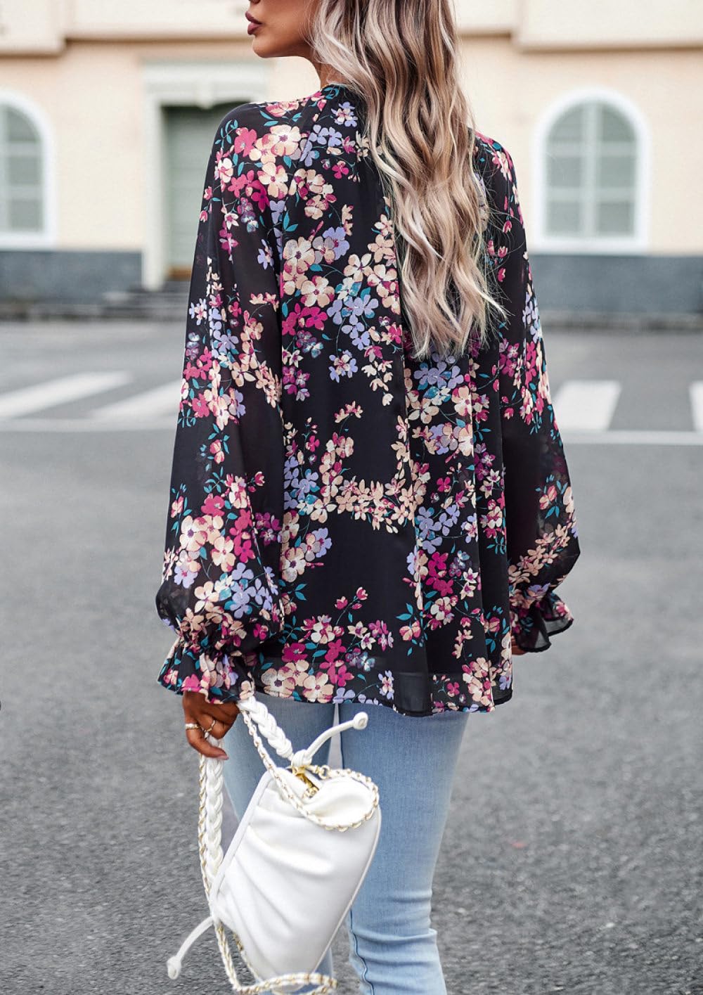 Longbluse Damen,Damenbluse, Langärmelige Hemden, Vintage-Stil, Schwarz, V-Ausschnitt, Knöpfe, Blumendruck, Elegante Strickjacke, Jacke, Lockeres Freizeithemd, Modisches Boho-Hemd