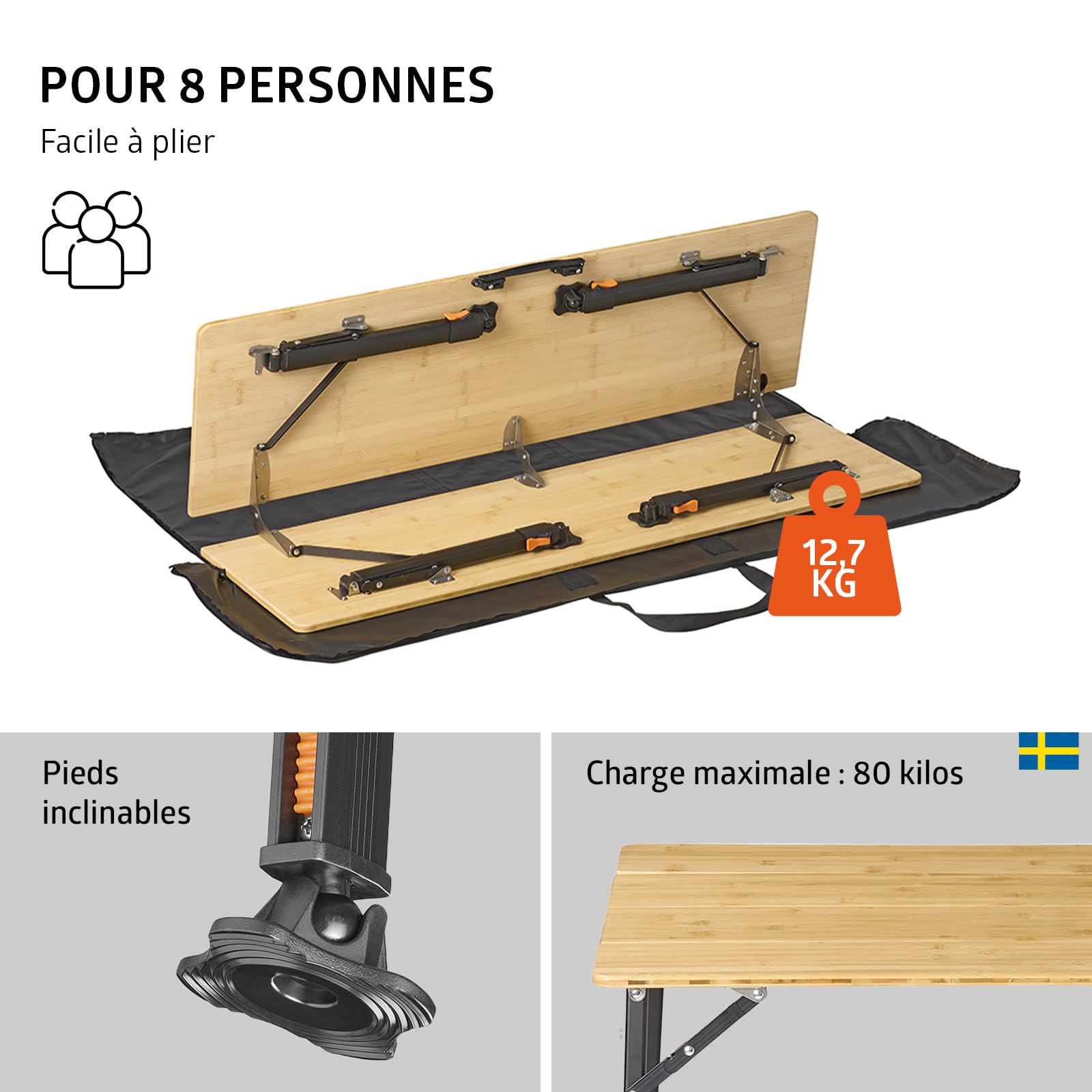 Campout Table de Camping Pliante 120 x 70 x 70 cm – Table Pliante Extérieur Réglable pour 6 Personnes – Poignée Intégrée – Bambou