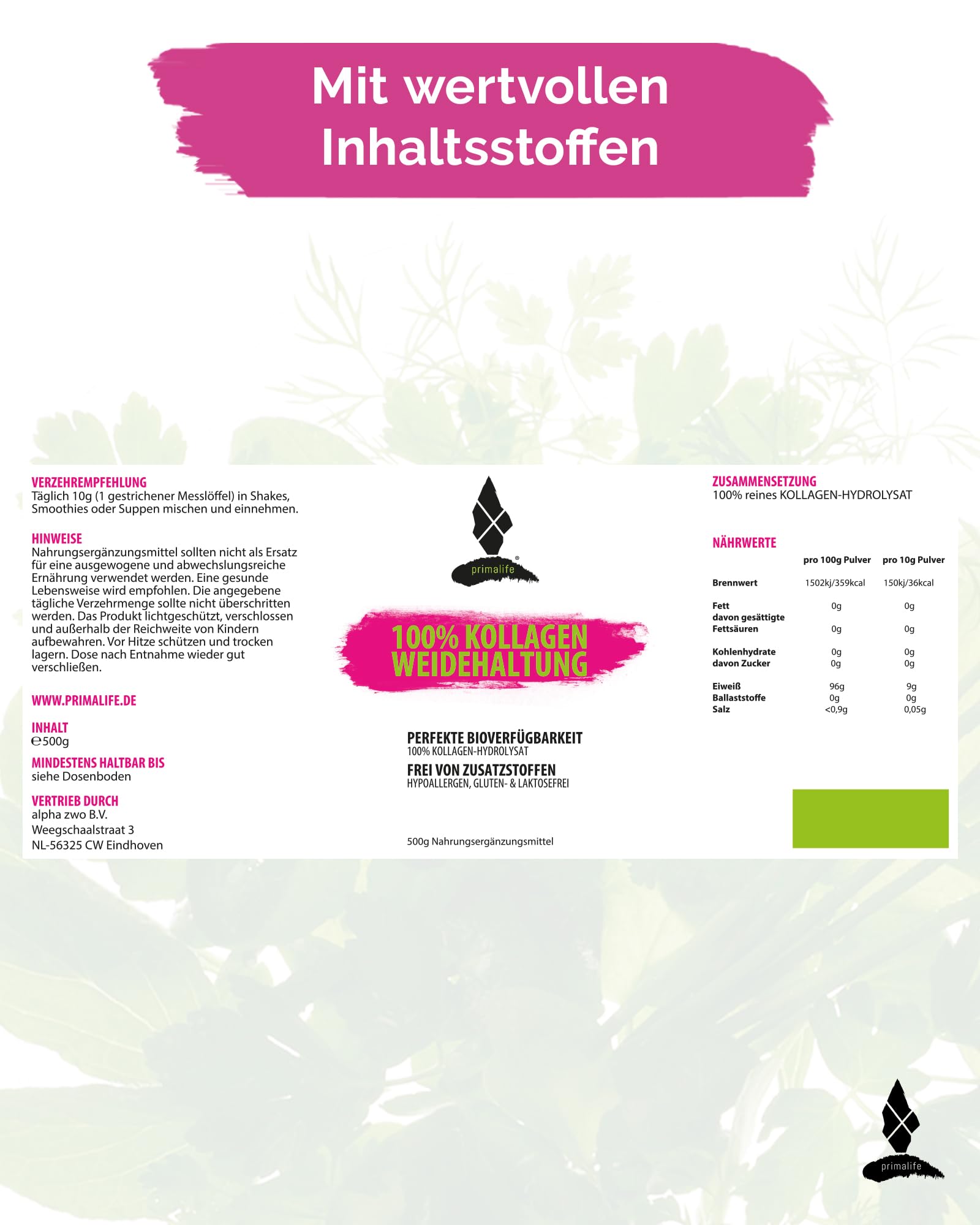 Collagen Pulver 500g - 100% reines Kollagen Pulver aus Weidehaltung - Hoher Proteingehalt mit 9,6g Eiweiß pro Portion - Mit Kollagen Peptiden Typ 1, 2 & 3