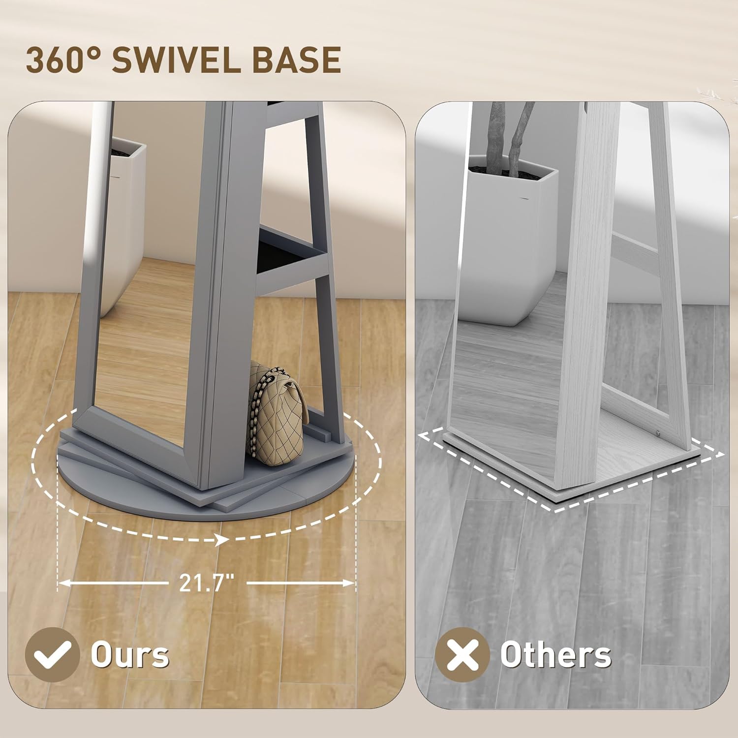 HOMCOM 360° Swivel Jewelry Cabinet, Lockable Jewelry Armoire Organizer with Full-Length Mirror, Back Storage Shelves, Interior Small Mirror, for Bedroom Living Room, Gray
