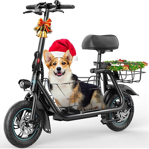 Gyroor Adults Electric Scooter with Large Middle Basket, 550W Motor 18.6 MPH 20 Mile Distance, Foldable E-Scooter with seat for Pets & Cargo